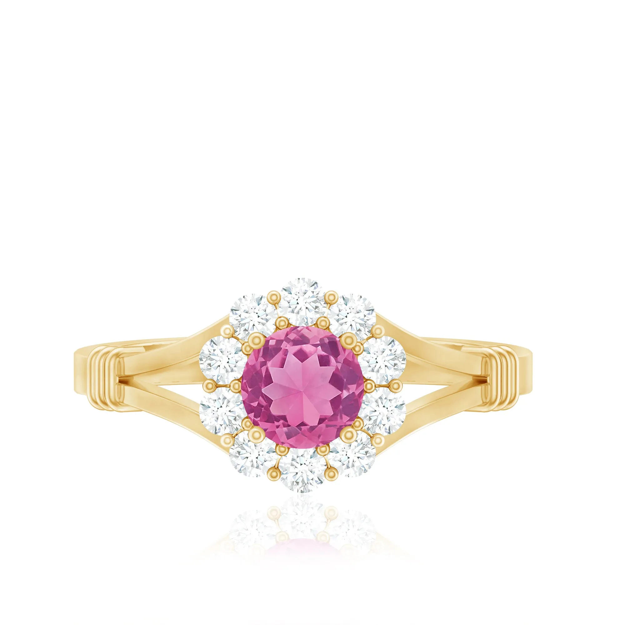 1 CT Pink Tourmaline and Diamond Halo Split Shank Ring