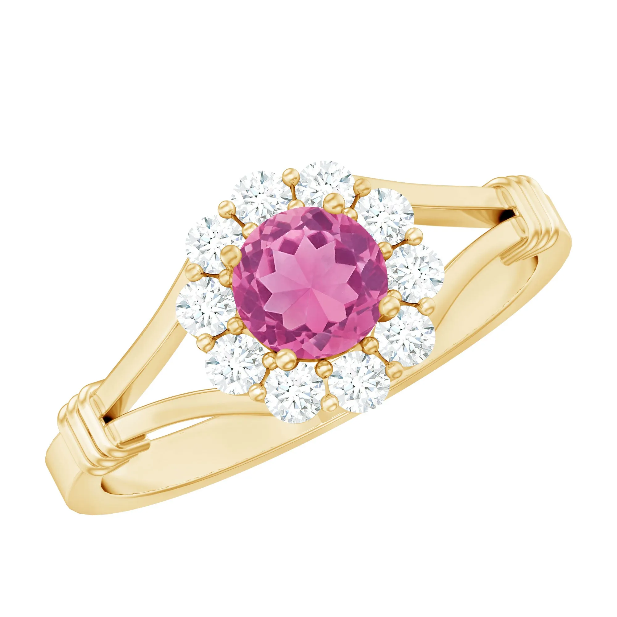 1 CT Pink Tourmaline and Diamond Halo Split Shank Ring