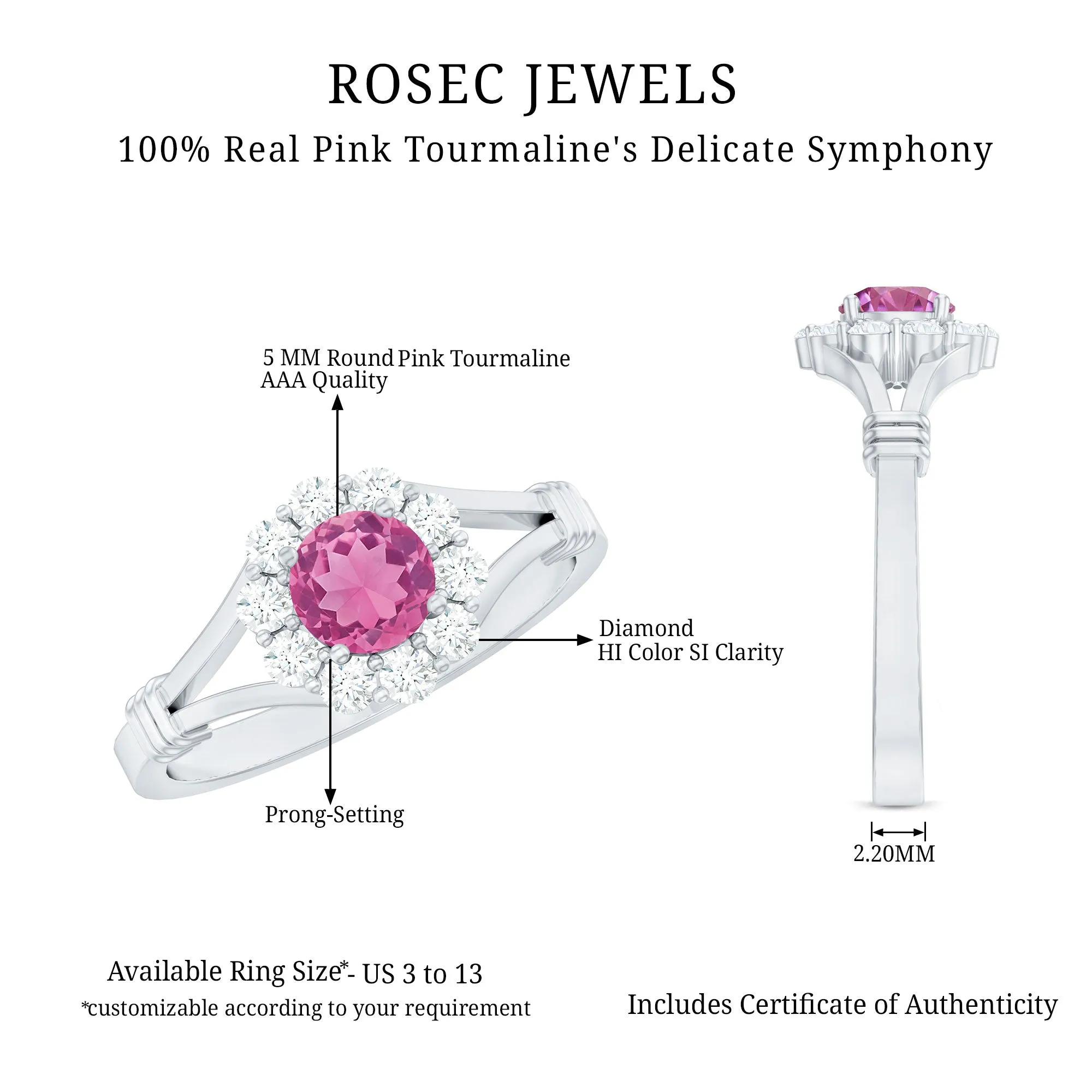 1 CT Pink Tourmaline and Diamond Halo Split Shank Ring