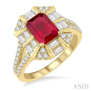 1 ctw Octagonal Shape 8x6MM Ruby, Baguette and Round Cut Diamond Precious Ring in 14K Yellow Gold