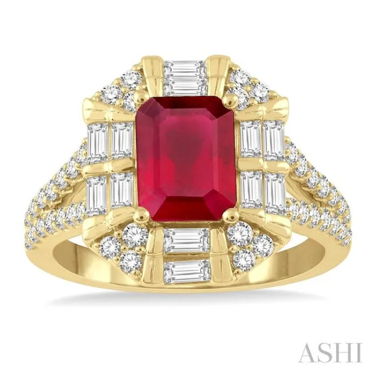 1 ctw Octagonal Shape 8x6MM Ruby, Baguette and Round Cut Diamond Precious Ring in 14K Yellow Gold