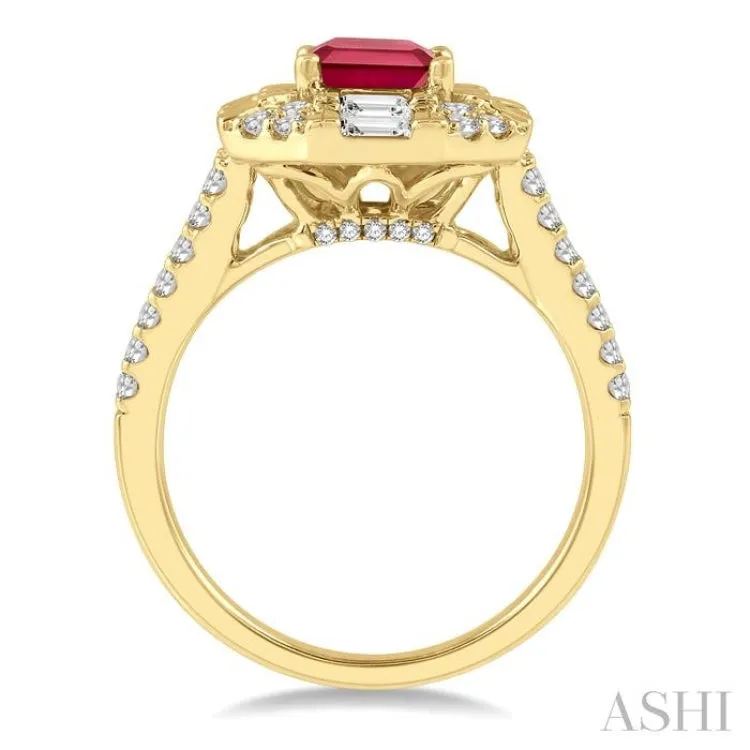 1 ctw Octagonal Shape 8x6MM Ruby, Baguette and Round Cut Diamond Precious Ring in 14K Yellow Gold