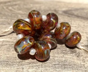 10 Ruby Brown Swirls Lampwork Beads SRA