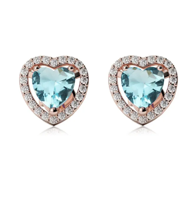 10k Rose Gold Plated 3 Ct Created Halo Heart Aquamarine Stud Earrings