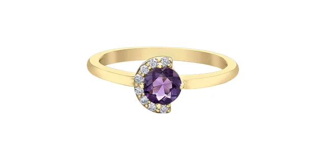 10K Yellow Gold 5mm Round Amethyst and Diamond Ring