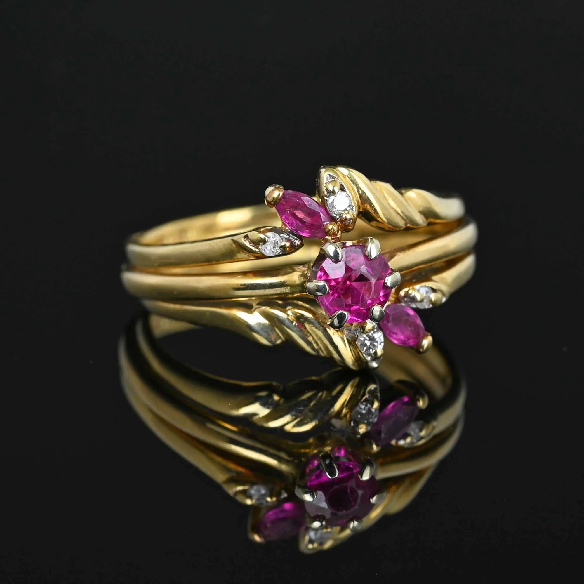 14K Gold Triple Band Diamond Ruby Cluster Ring