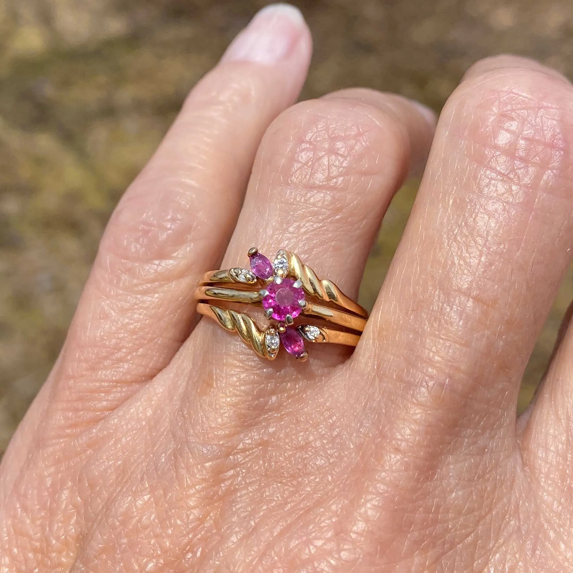 14K Gold Triple Band Diamond Ruby Cluster Ring