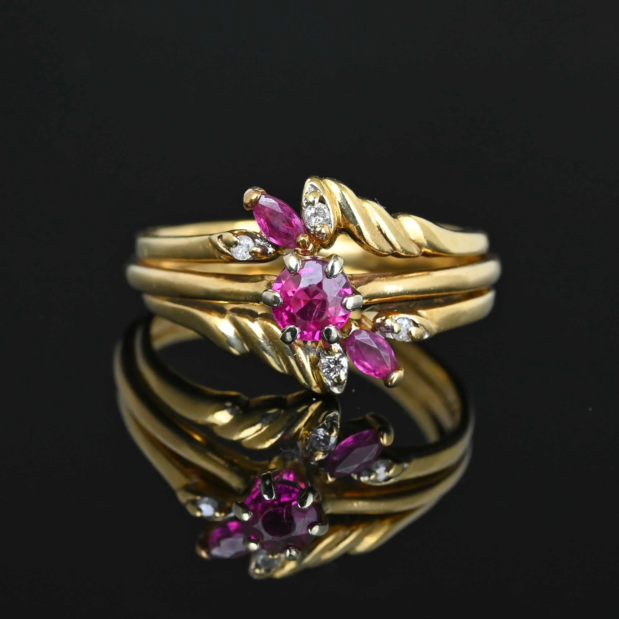 14K Gold Triple Band Diamond Ruby Cluster Ring