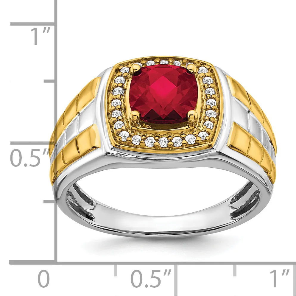 14k Two-tone gold Created Ruby and Diamond Mens Ring