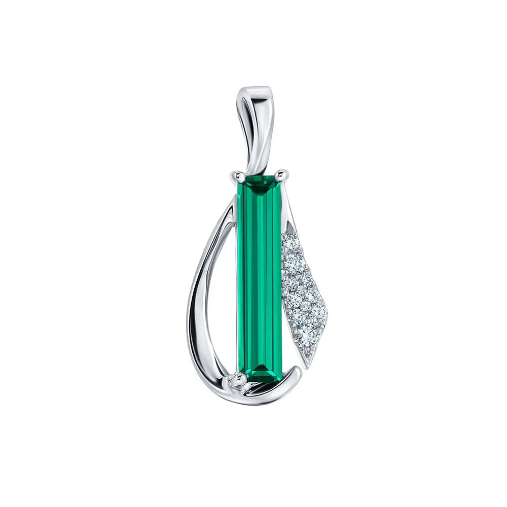 14K White Chatham Emerald and Lab Grown Diamond Pendant