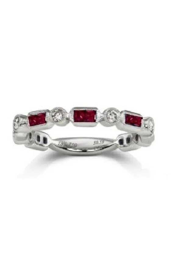 14k White Gold 0.71 Ct Ruby, 0.16 Ct Diamond Band