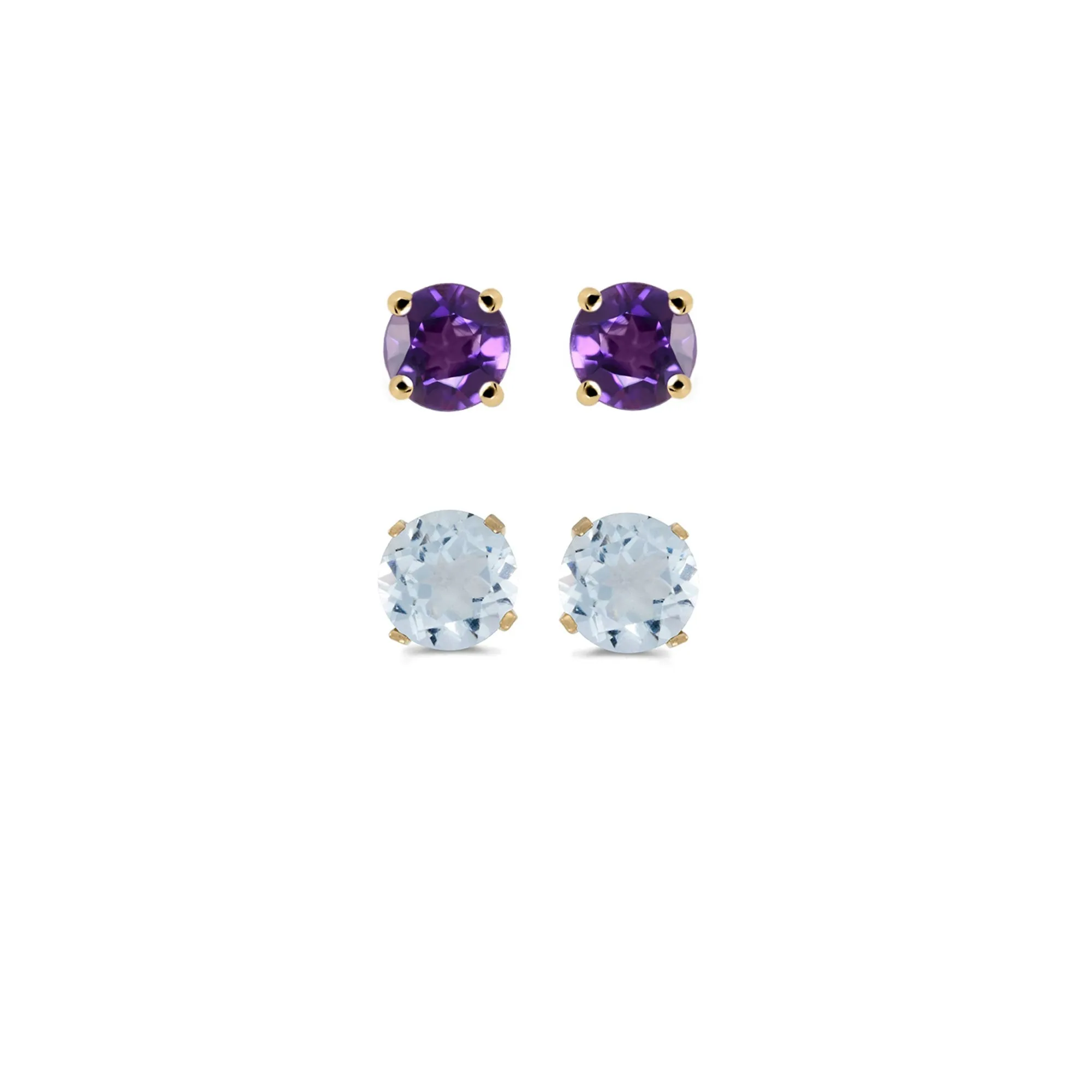 14k Yellow Gold Plated 4Ct Created Amethyst and Aquamarine 2 Pair Round Stud Earrings