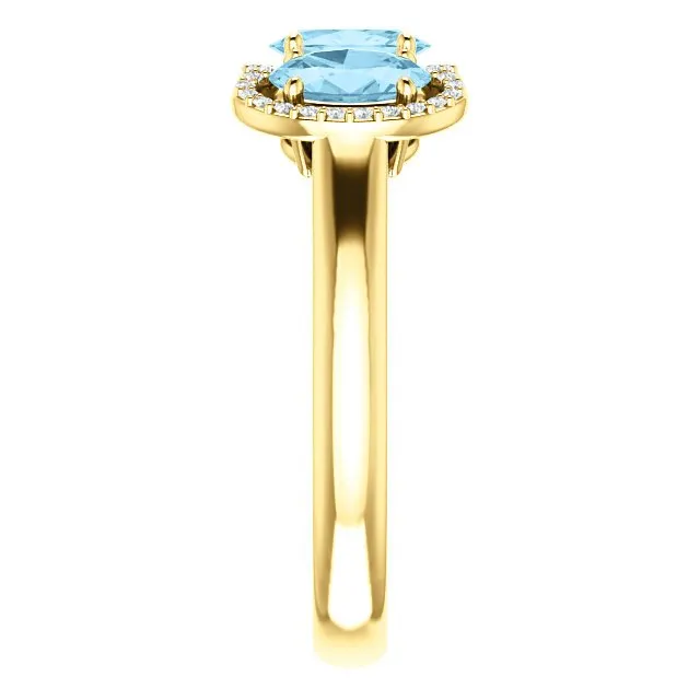 14KT GOLD 1.23 CTW AQUAMARINE & .10 CTW DIAMOND 3 STONE OVAL HALO RING