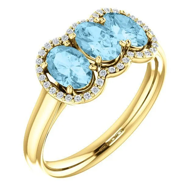 14KT GOLD 1.23 CTW AQUAMARINE & .10 CTW DIAMOND 3 STONE OVAL HALO RING