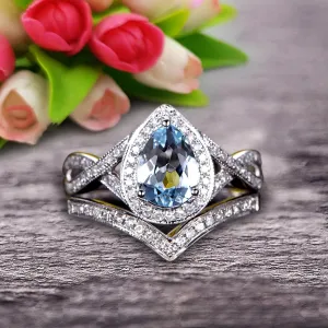 1.75 Carat Pear Shape Teardrop Aquamarine Bridal Set Moissanite Diamond Wedding Ring On 10k White Gold