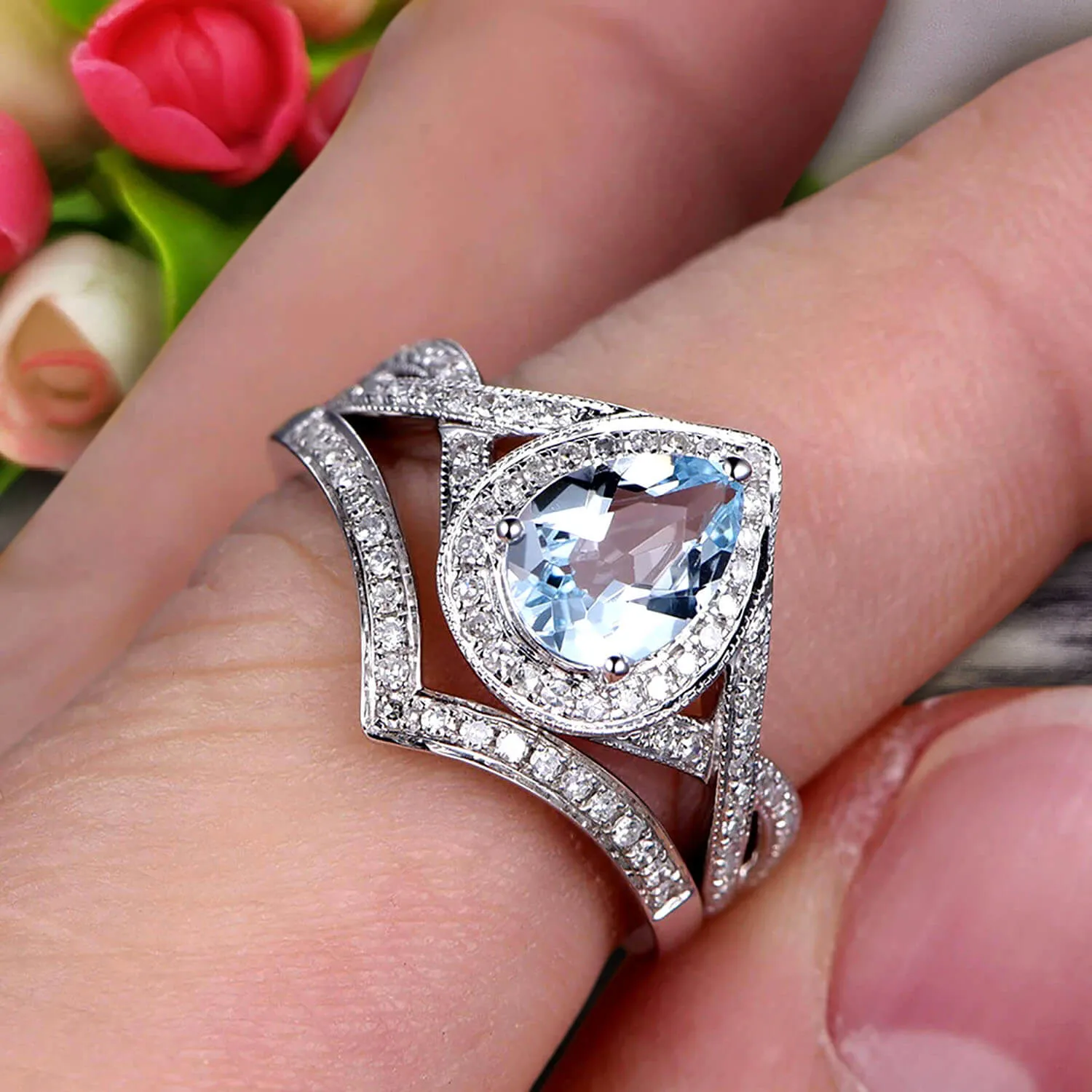 1.75 Carat Pear Shape Teardrop Aquamarine Bridal Set Moissanite Diamond Wedding Ring On 10k White Gold