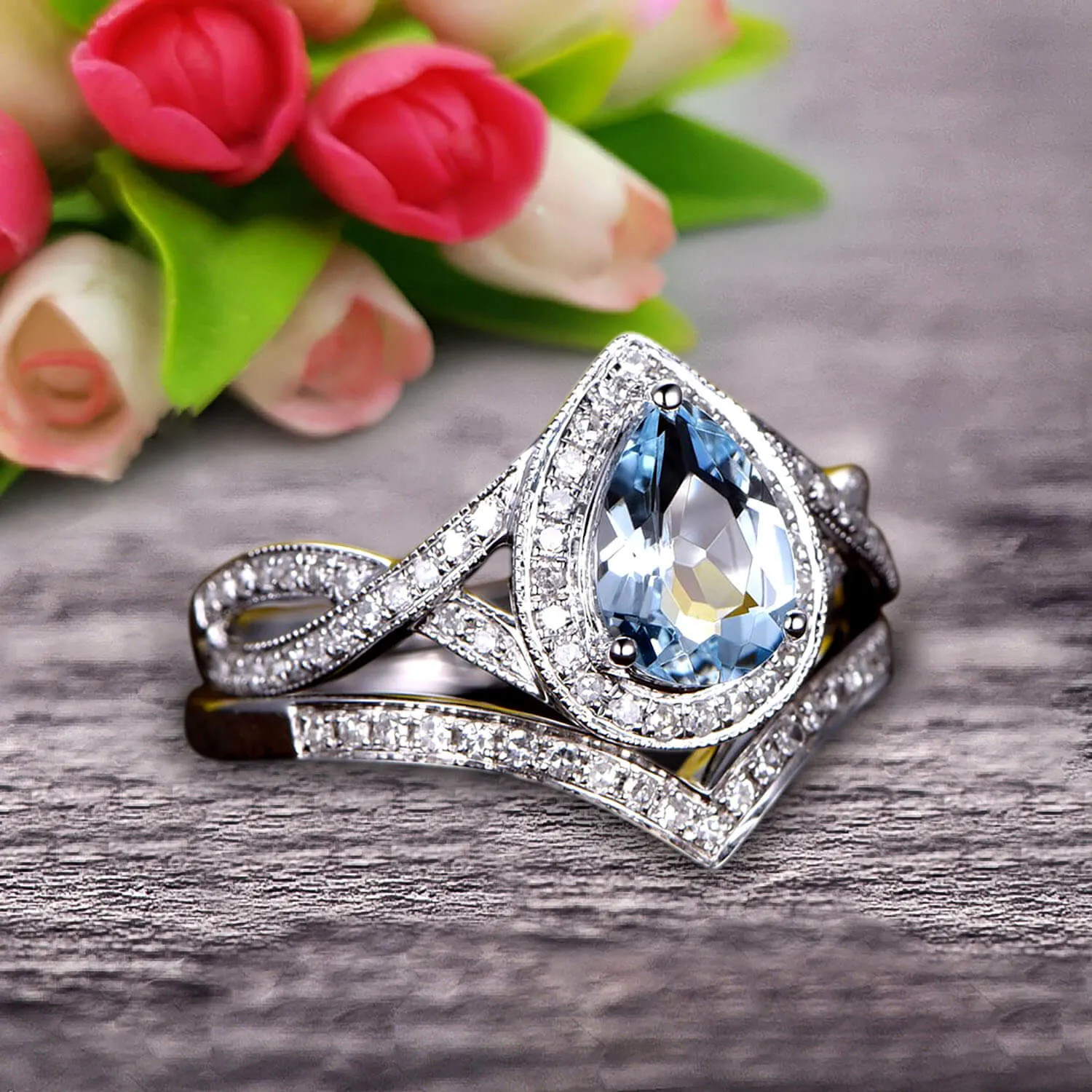 1.75 Carat Pear Shape Teardrop Aquamarine Bridal Set Moissanite Diamond Wedding Ring On 10k White Gold