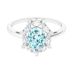 1.75 CT Aquamarine Designer Halo Engagement Ring with Moissanite