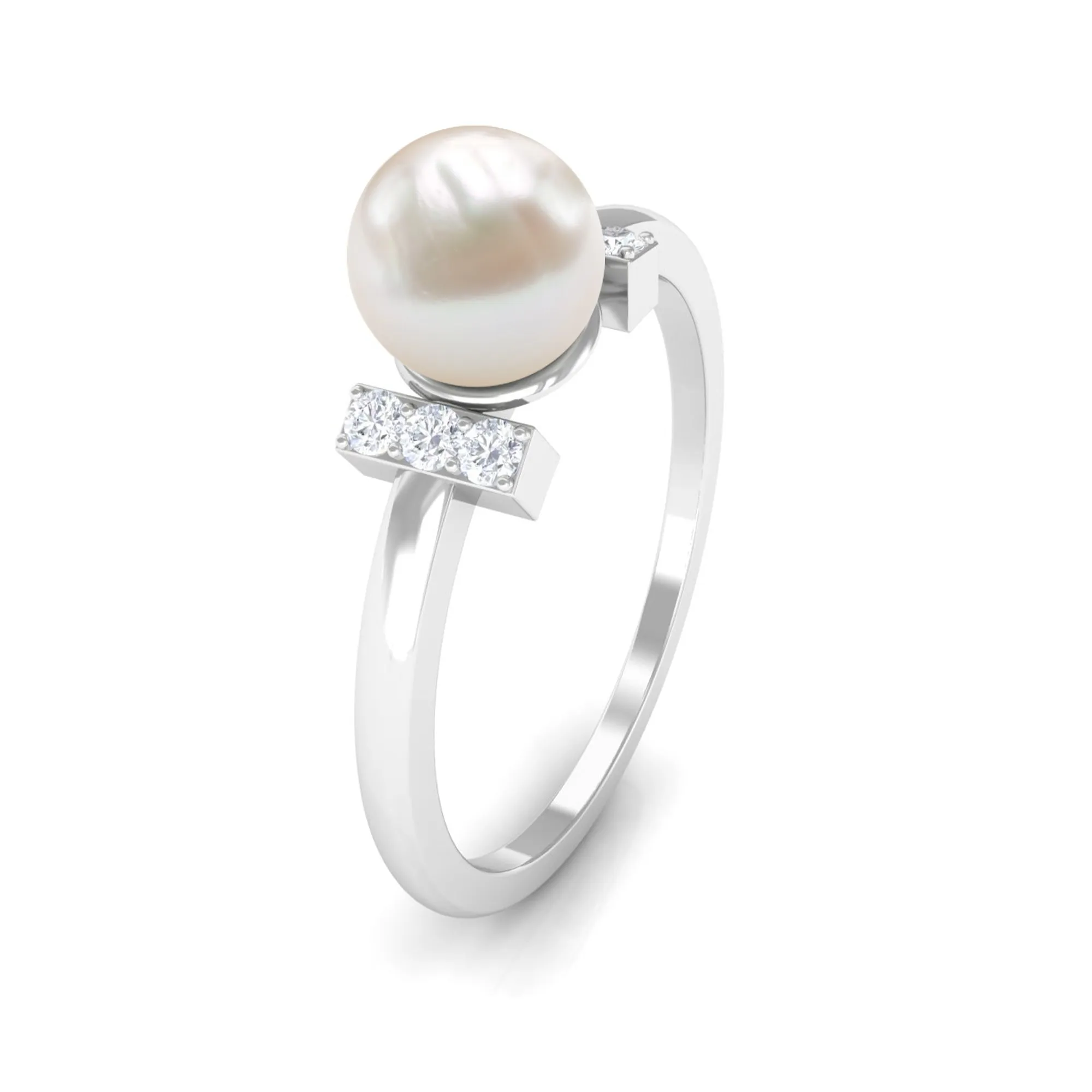 1.75 CT Freshwater Pearl Engagement Ring with Diamond Trio