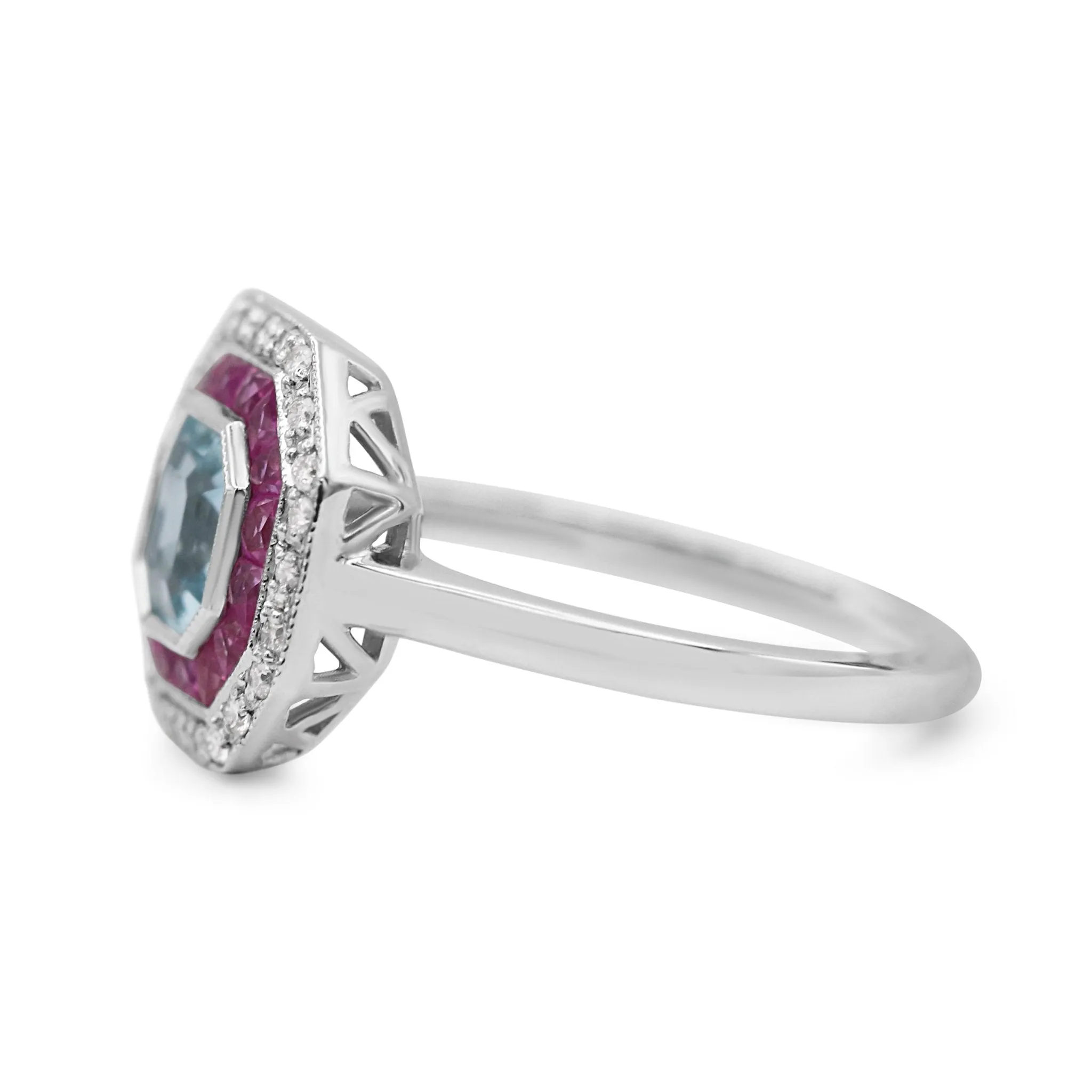 18ct White Gold Diamond, Aquamarine & Ruby Target Cluster Ring