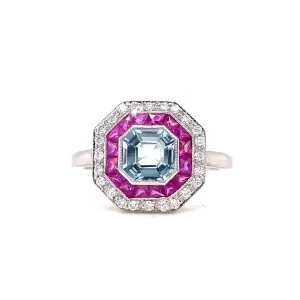 18ct White Gold Diamond, Aquamarine & Ruby Target Cluster Ring