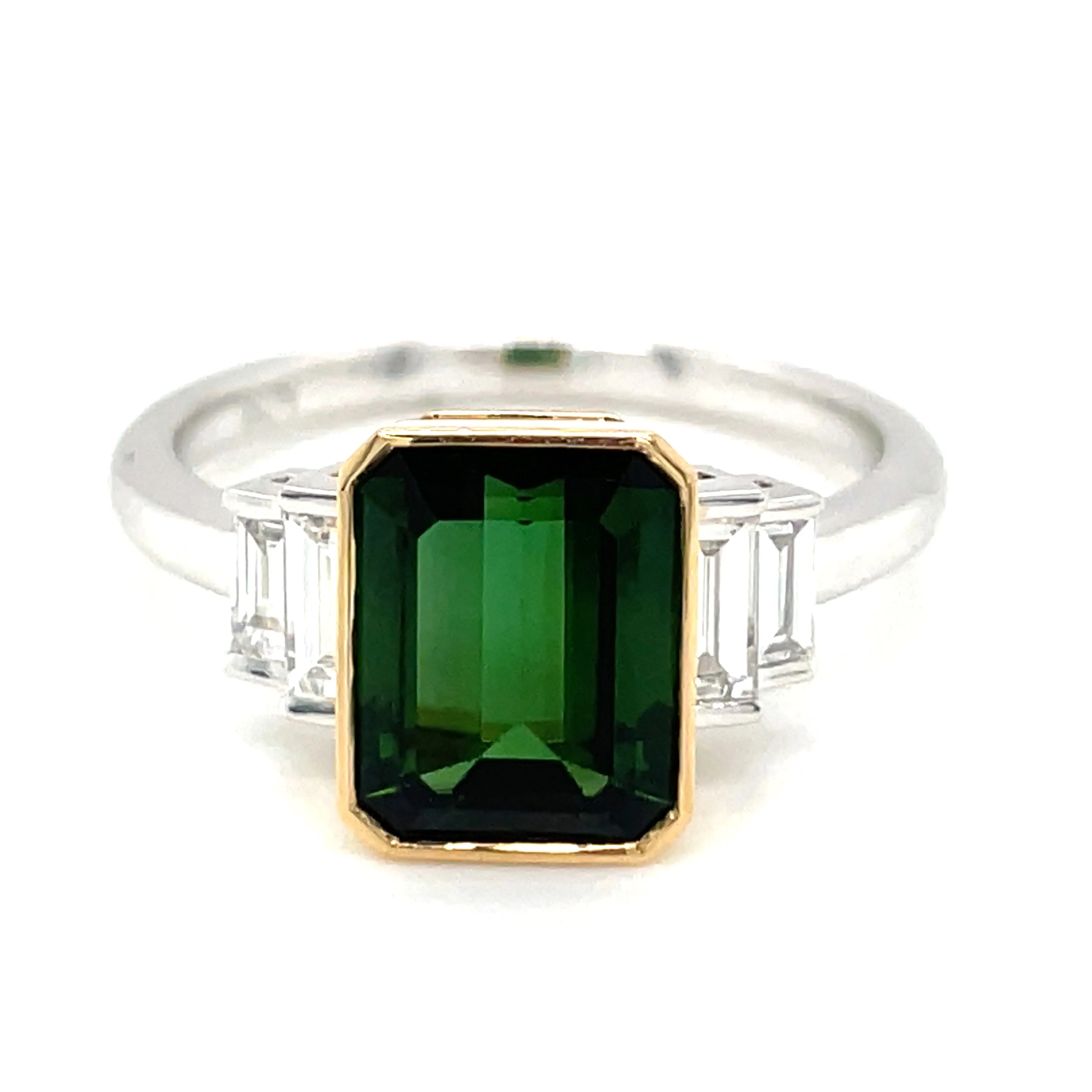 18ct White Gold Earth Grown Emerald Cut Green Tourmaline and Diamond Side Stone Ring