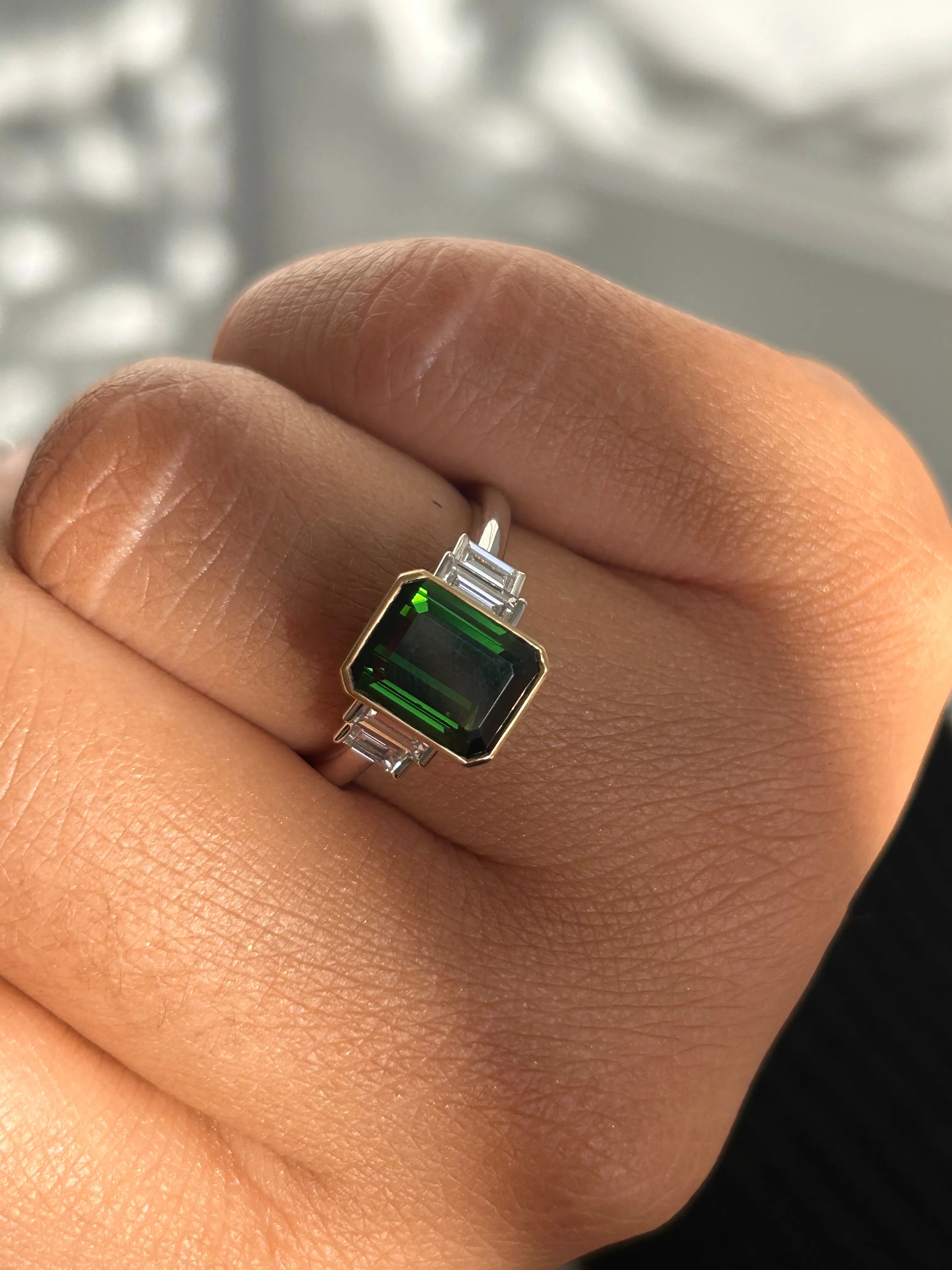 18ct White Gold Earth Grown Emerald Cut Green Tourmaline and Diamond Side Stone Ring