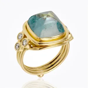 18K Classic Cushion Ring with aquamarine and diamond