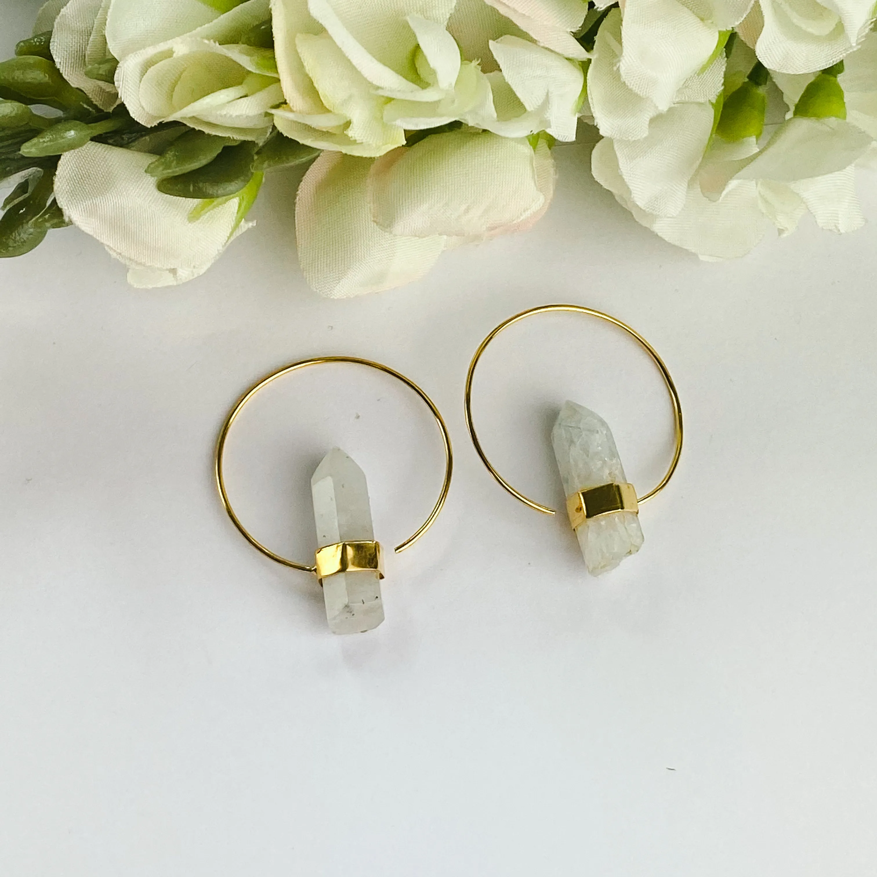 18k Gold Plated Hoops | Raw Moonstone Point