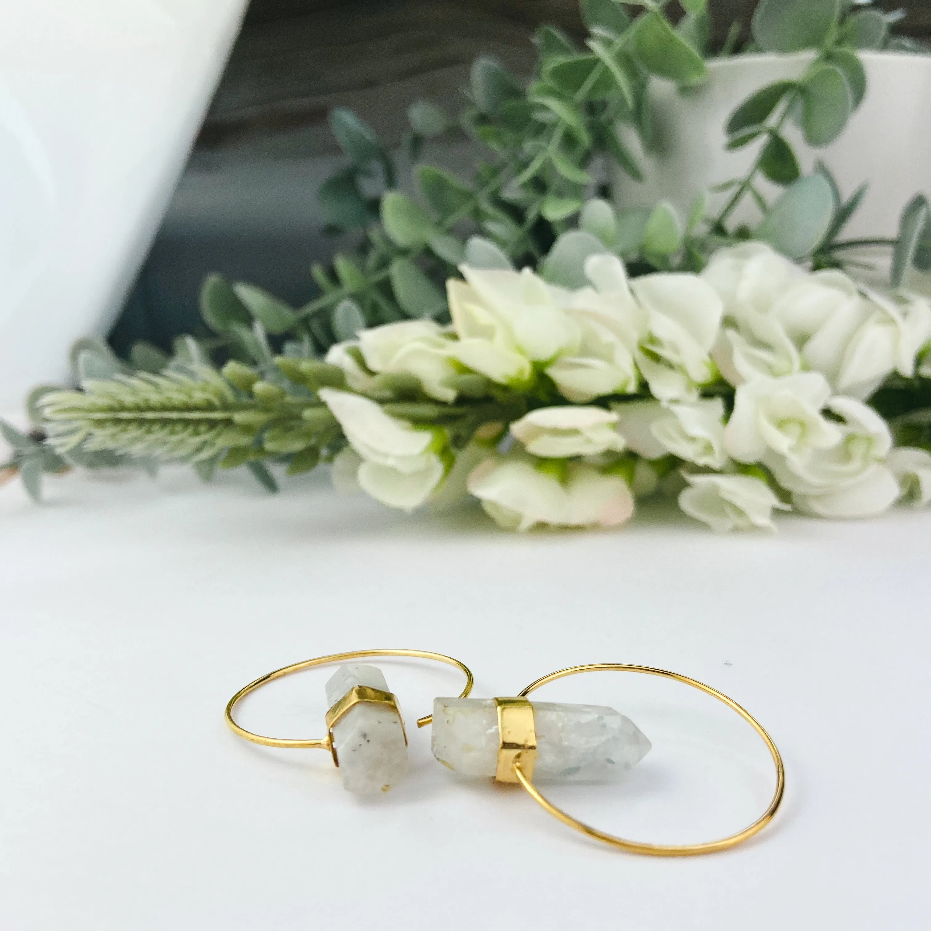 18k Gold Plated Hoops | Raw Moonstone Point