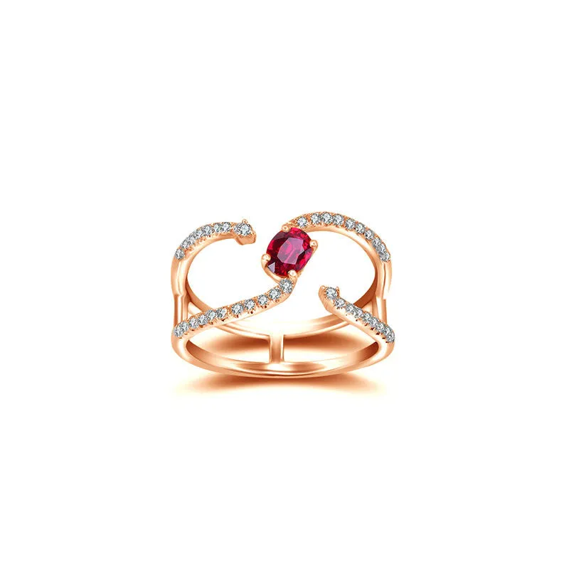 18k Gold Single Ruby Connected Diamond Ring