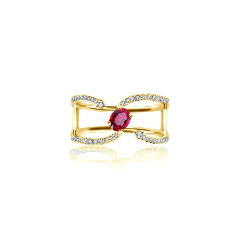 18k Gold Single Ruby Connected Diamond Ring