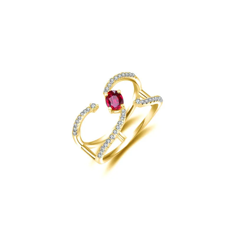 18k Gold Single Ruby Connected Diamond Ring