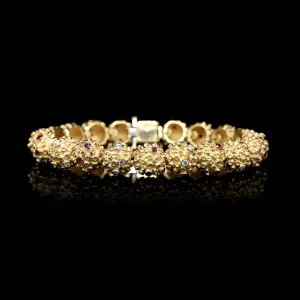 18K Yellow Gold Estate Ruby and Diamond Textured Bracelet