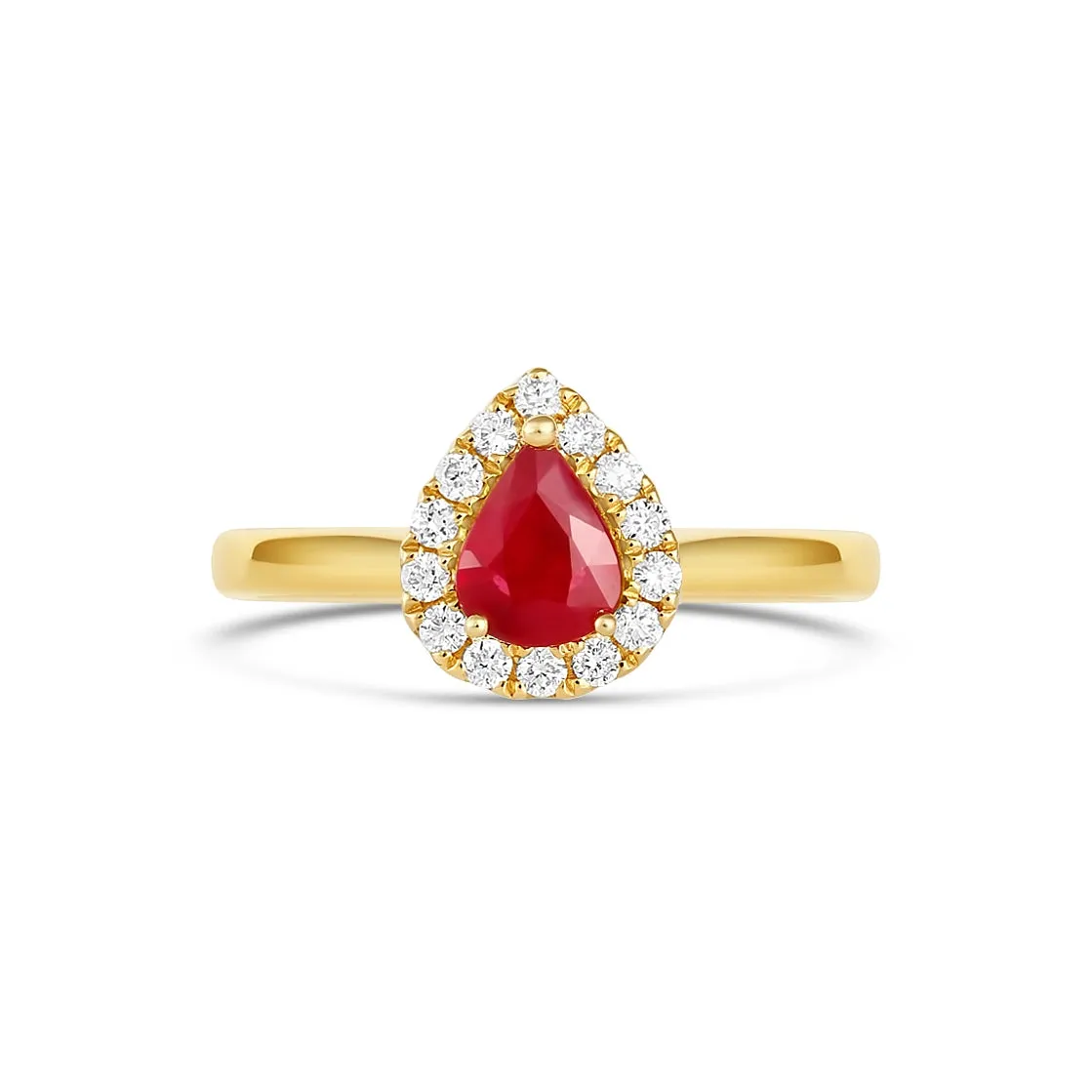 18K Yellow Gold Pear Cut Ruby with Diamond Halo Ring