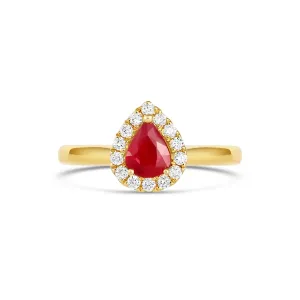 18K Yellow Gold Pear Cut Ruby with Diamond Halo Ring