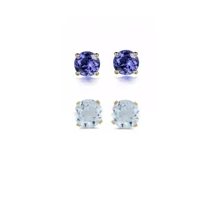 18k Yellow Gold Plated 2Ct Created Tanzanite and Aquamarine 2 Pair Round Stud Earrings