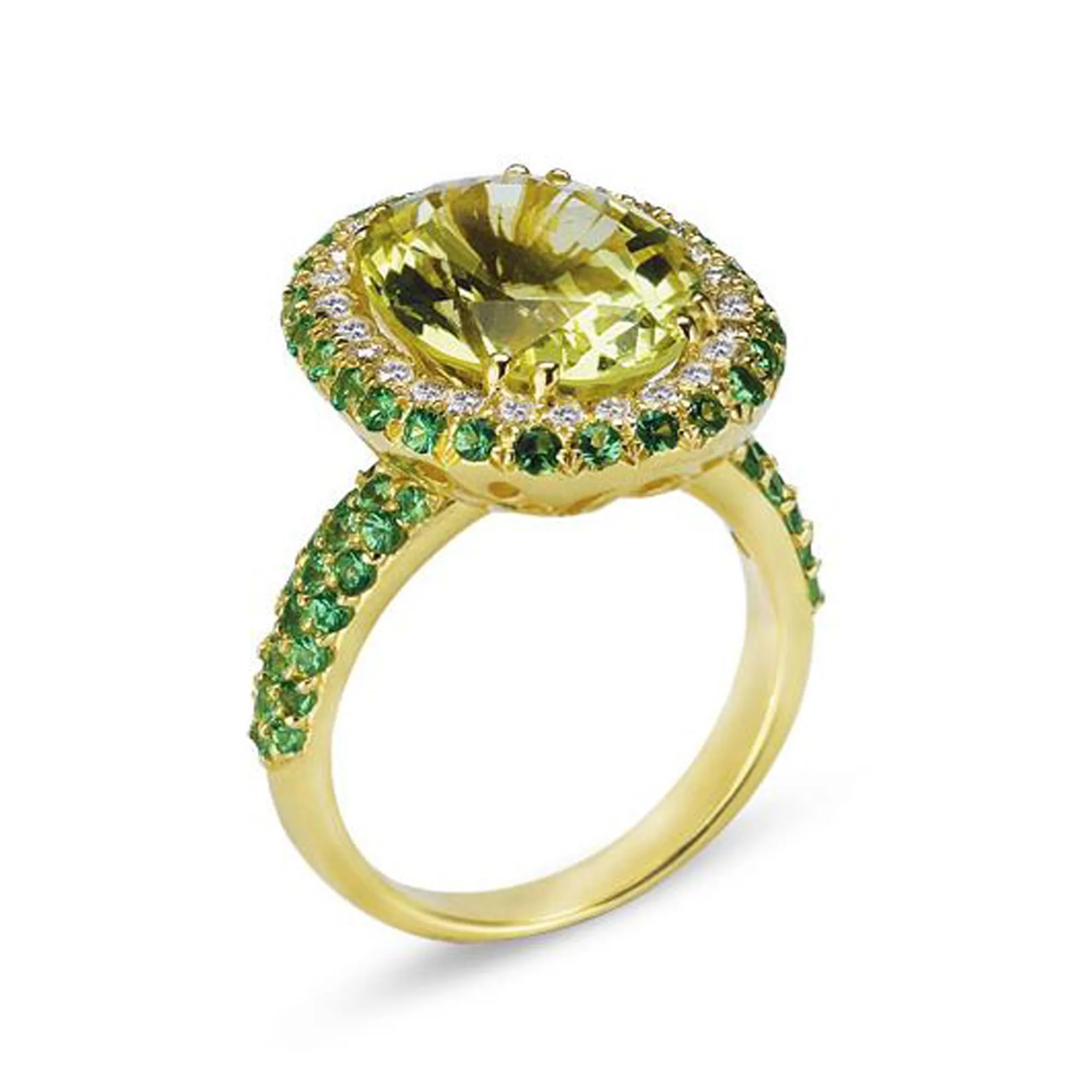 18K YELLOW GOLD RING WITH DIAMONDS TSAVORITE AND LEMON QUARTZ