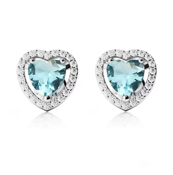 24k White Gold Plated 3 Ct Created Halo Heart Aquamarine Stud Earrings