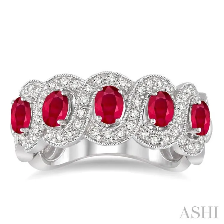 4x3 MM Oval Cut Ruby and 1/2 Ctw Round Cut Diamond Ring in 14K White Gold