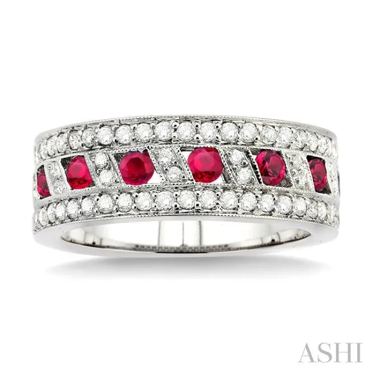 5/8 Ctw Round Cut Diamond and 2.6 mm Round Cut Ruby Band in 18K White Gold