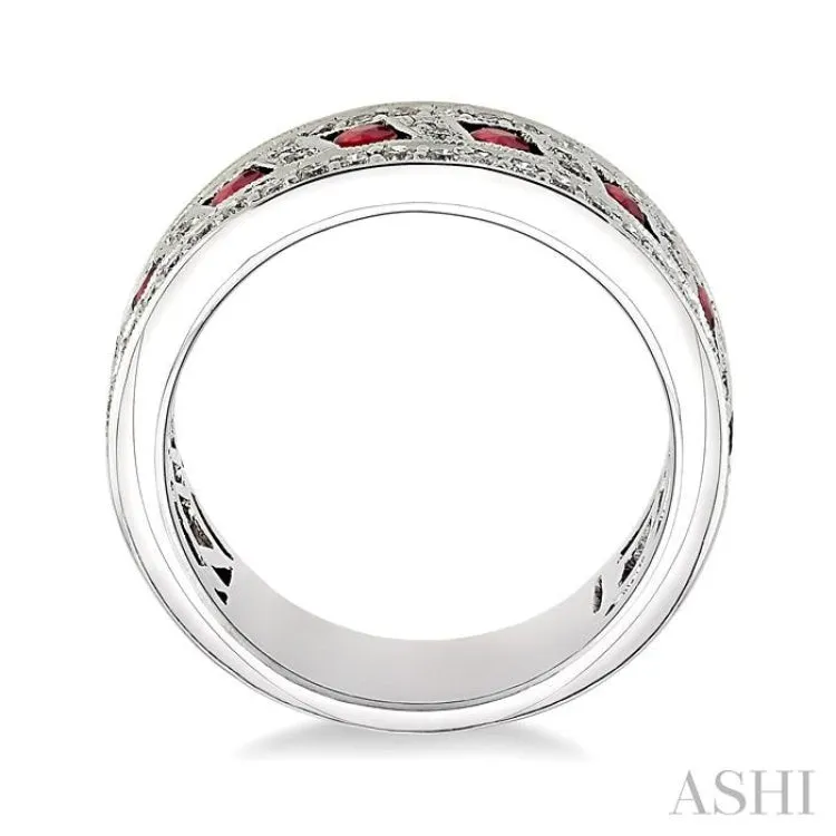 5/8 Ctw Round Cut Diamond and 2.6 mm Round Cut Ruby Band in 18K White Gold