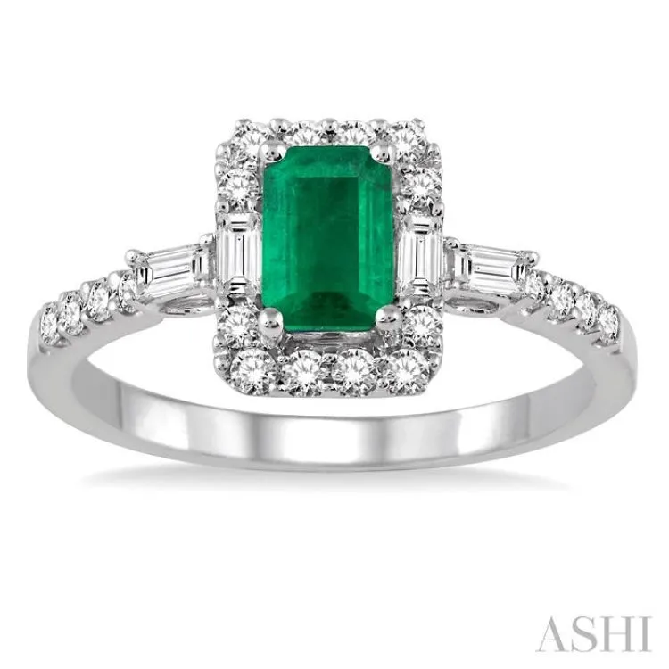 6x4 MM Octagon Cut Emerald and 1/2 Ctw Round Cut Diamond Ring in 14K White Gold