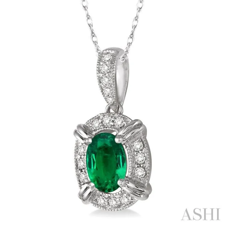 6x4 MM Oval Cut Emerald and 1/10 Ctw Single Cut Diamond Pendant in 14K White Gold with Chain