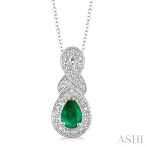 6x4 MM Pear Shape Emerald and 1/50 Ctw Round Cut Diamond Pendant in Sterling Silver with Chain