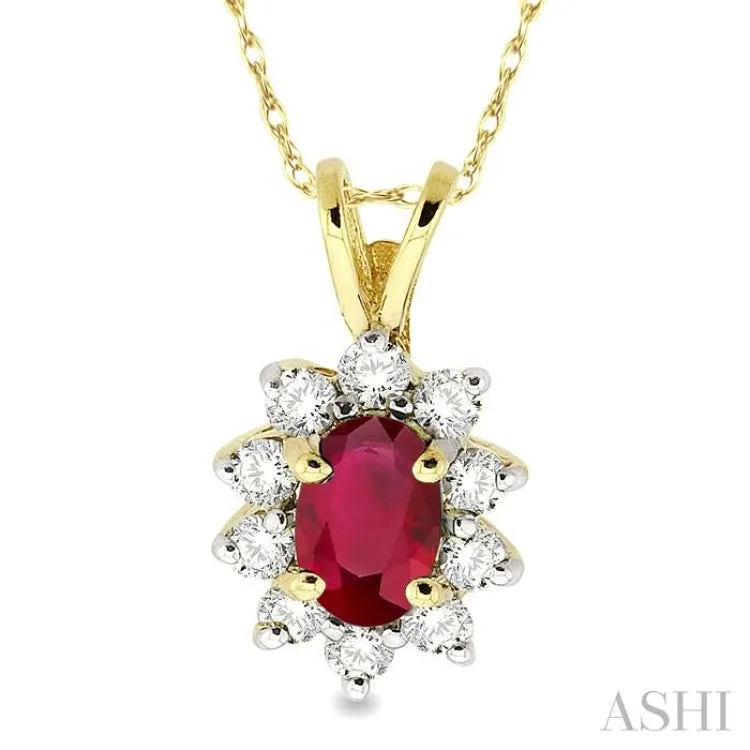 6x4MM Oval Cut Ruby and 1/4 Ctw Round Cut Diamond Pendant in 14K Yellow Gold with Chain