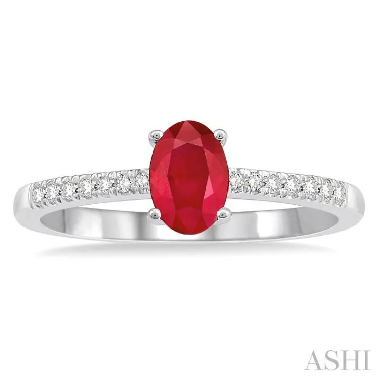 6X4MM Oval Shape Ruby Center and 1/10 Ctw Round Cut Diamond Precious Stone Ring in 10K White Gold