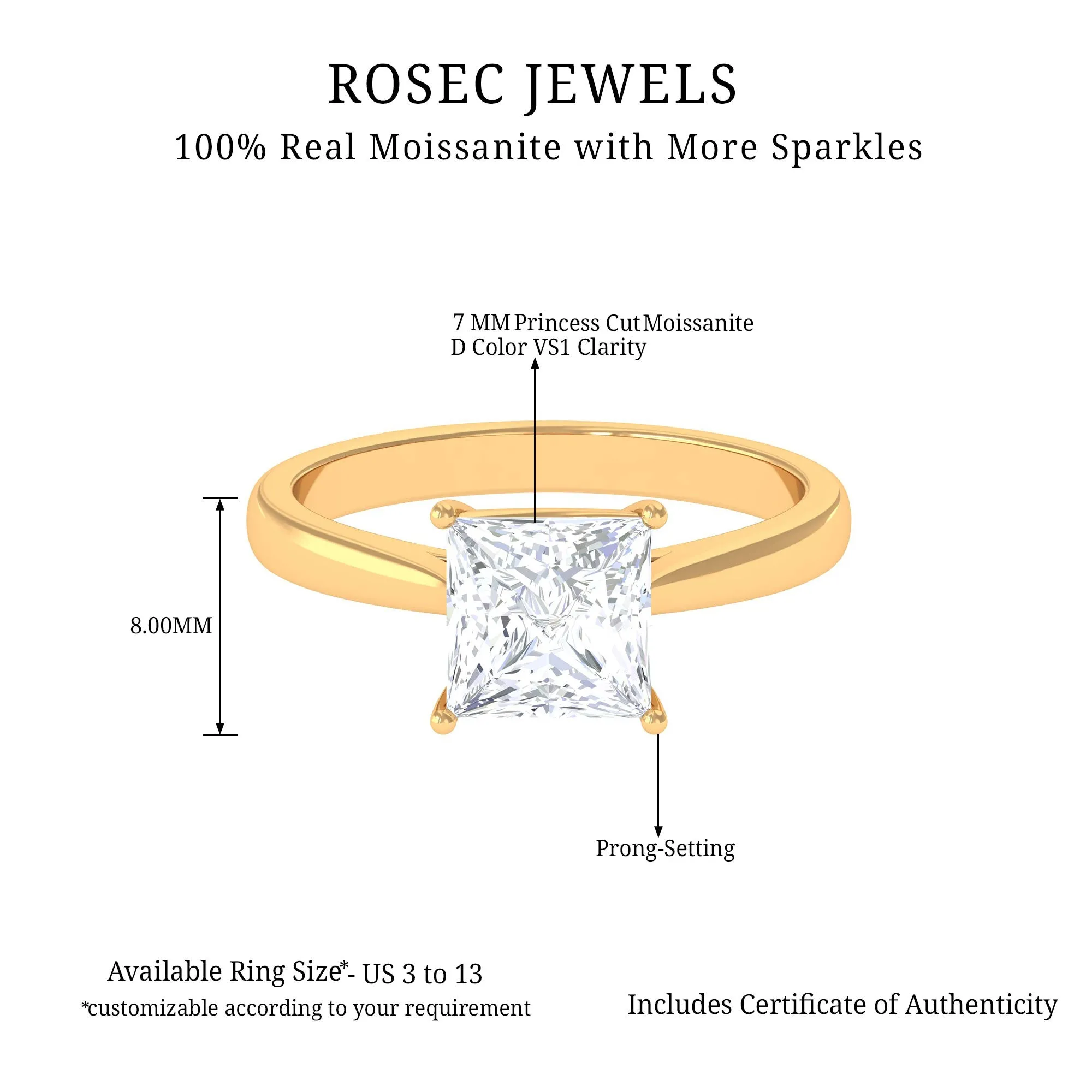 7 MM Princess Cut Solitaire and Hidden Moissanite Ring