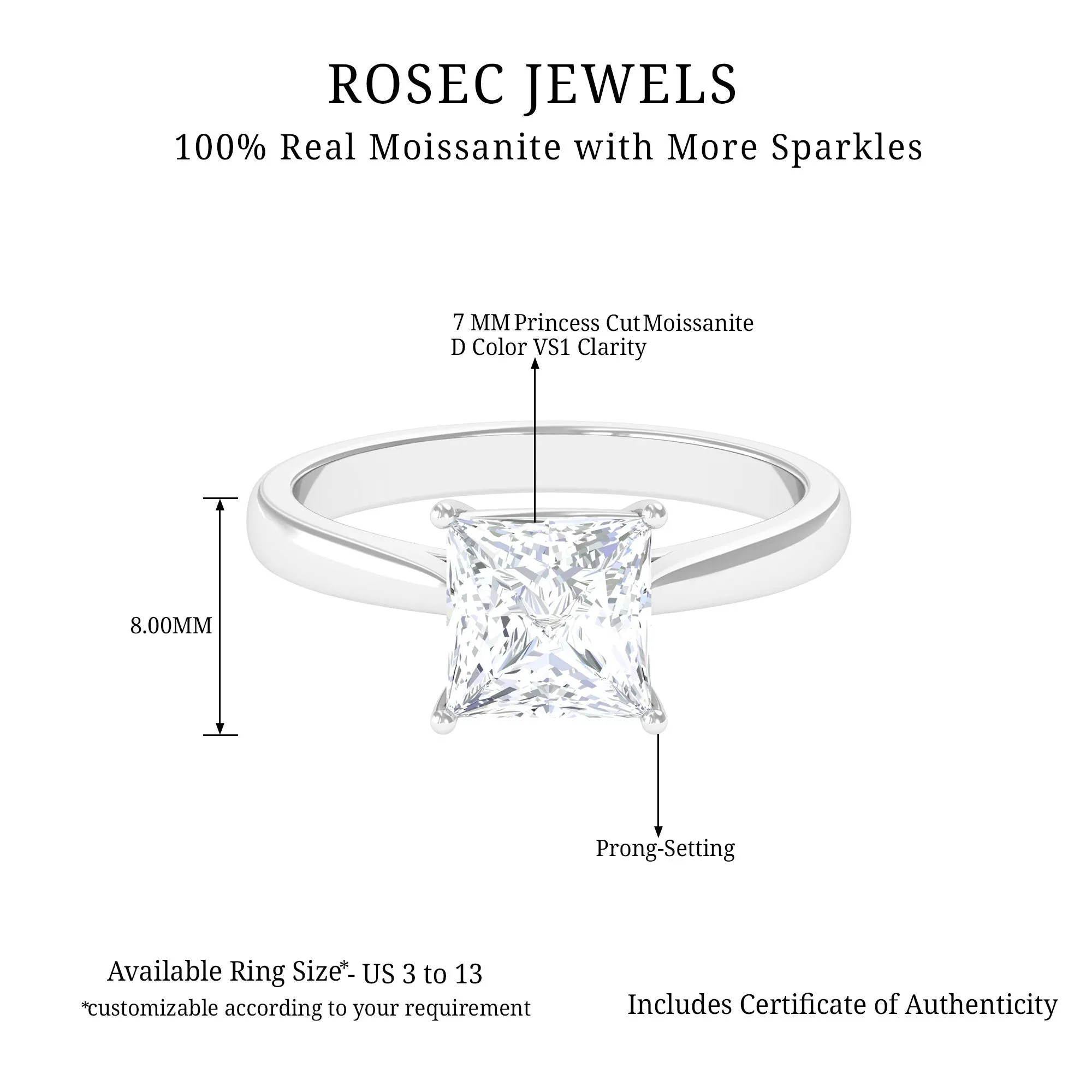 7 MM Princess Cut Solitaire and Hidden Moissanite Ring