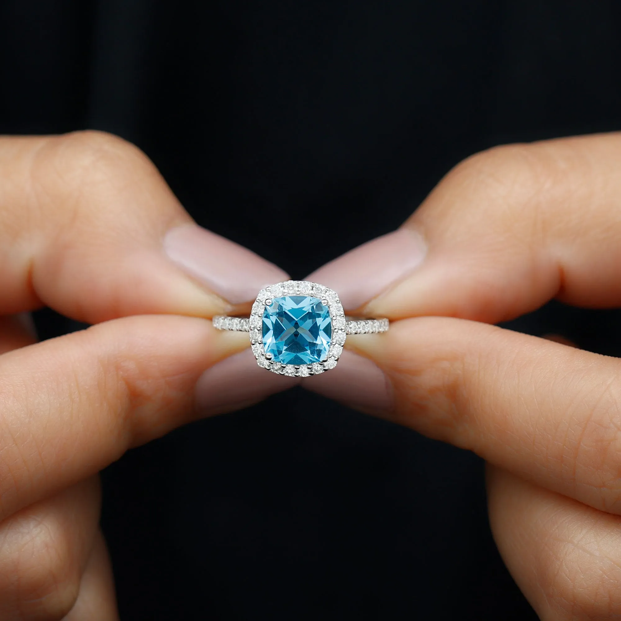 8 MM Cushion Cut Swiss Blue Topaz Solitaire and Diamond Halo Ring